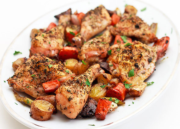 Chicken Roasted on a Bed of Vegetables