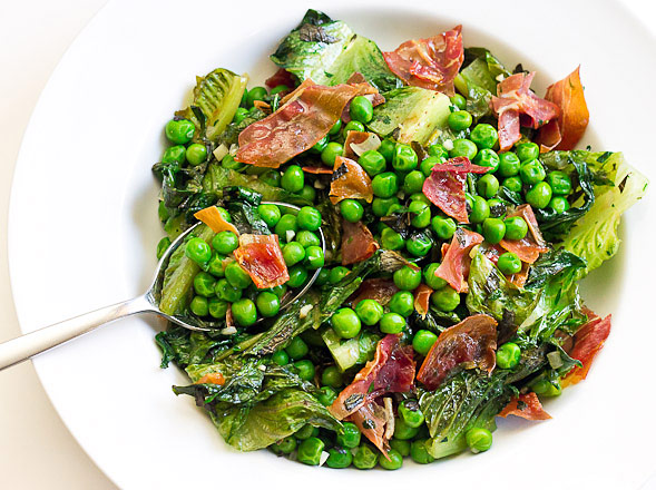 Peas and Romaine Lettuce with Mint and Crispy Prosciutto