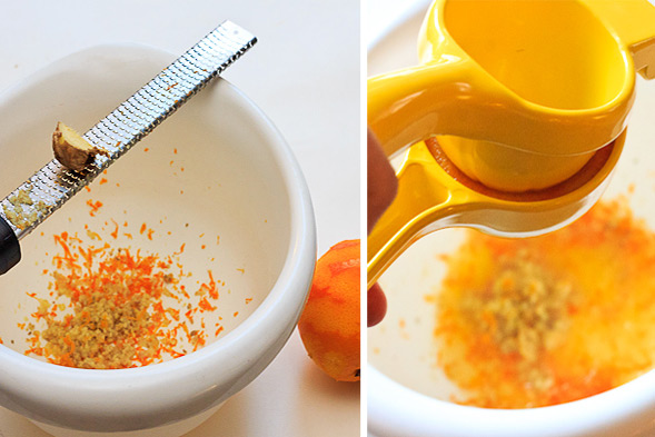 Place orange zest, ginger zest and orange juice in a bowl.