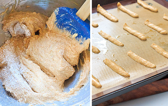 Mix in flour and salt. Pipe batter into thin strips and bake for 8-10 minutes.