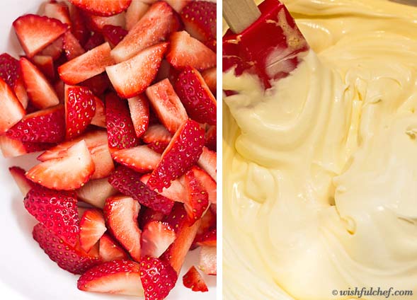 Cut up strawberries, then whip together cream mixture.